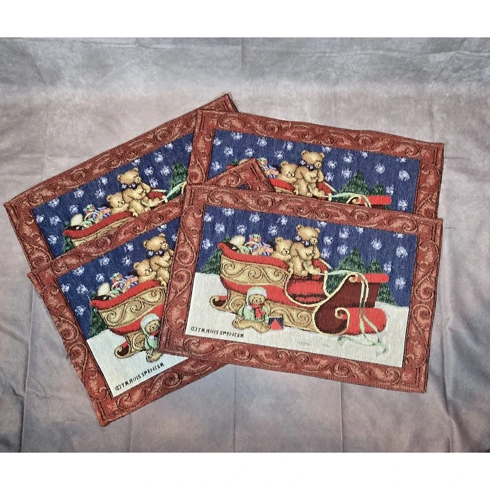 Travis Spencer‎ Tapestry Placemats Christmas Holiday Sleigh Bears Vintage (4)